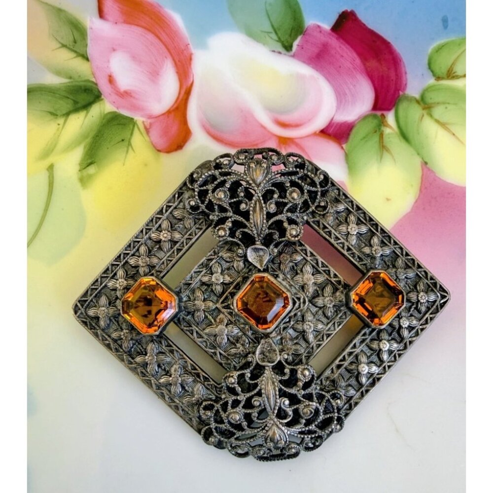 Antique 20's Filigree embossed Sash Brooch Amber Glass Rhinestones